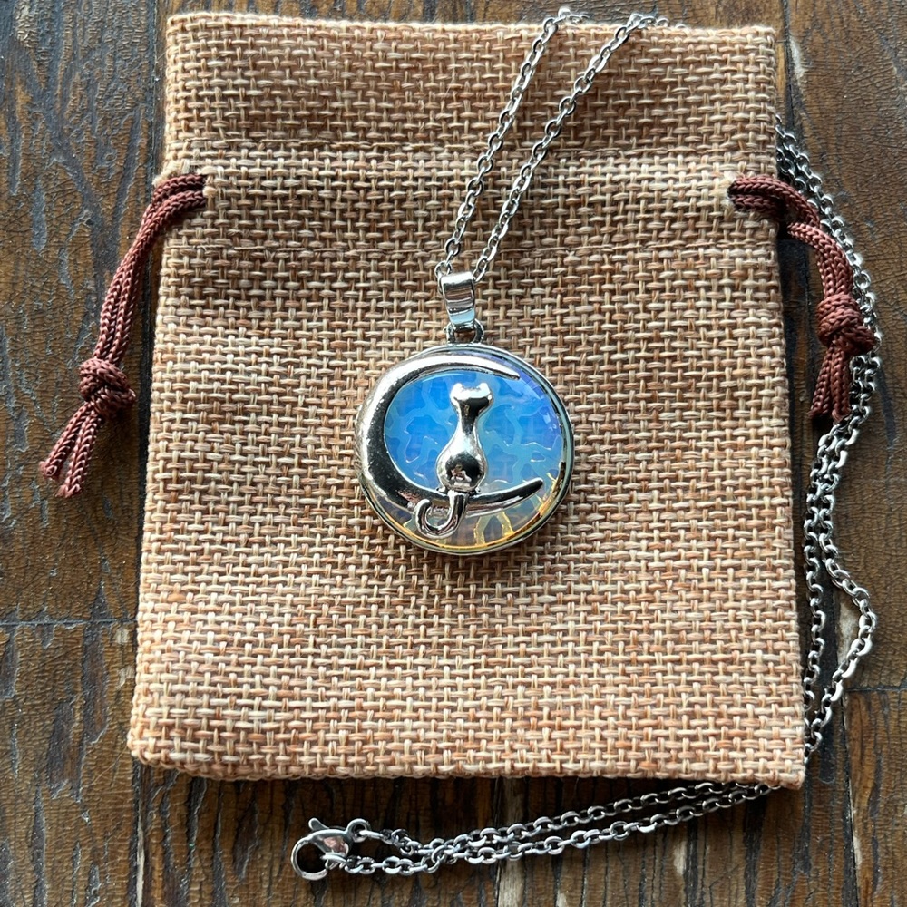 Crystal Cat Necklace Kitty Cat Necklace Opalite Necklace Gift For Girlfriend
